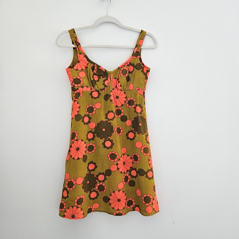 Vintage 60's High Tide Tangerine Flower Mustard Swim Beach Pool Dress